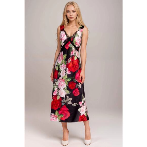 Jade by Johnny Was Black Joyelle Floral Slip Silk Blend Midi Dress Size Medium - Picture 1 of 5